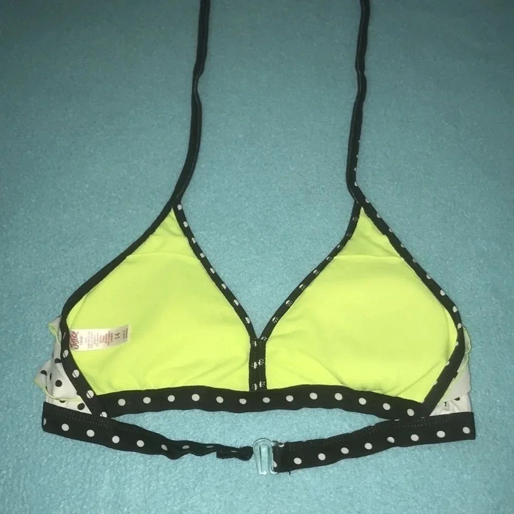 JUSTICE Swim top black  white and neon green polka dots size 14